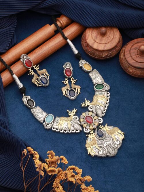 Dual Tone Antique Oxidised Designer Jewellery Set